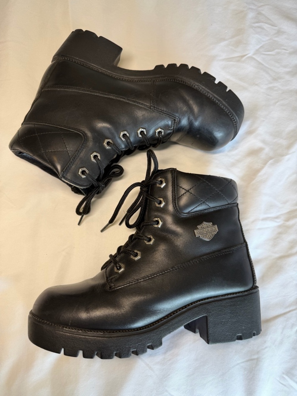 Harley-Davidson Black Quilted Lace-Up Platform Ankle Boots with Logo